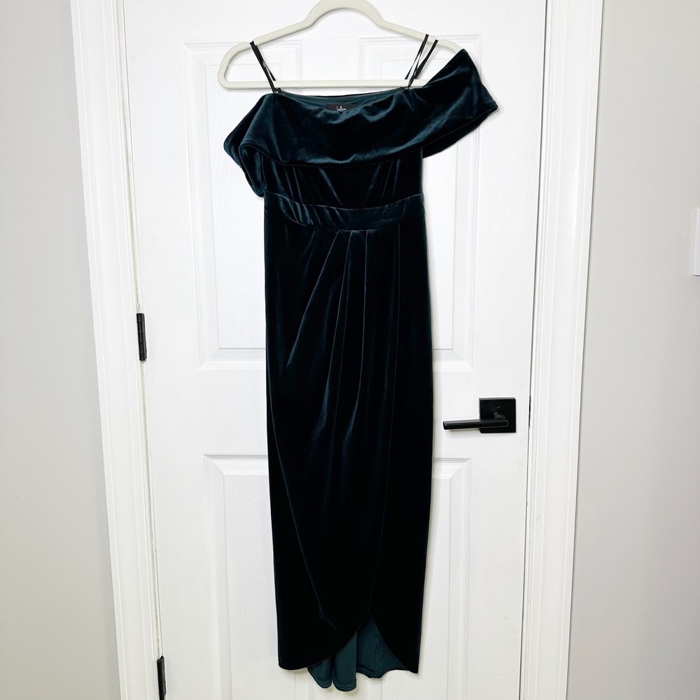 Lulus Velvet Midi Dress Womens Small Emerald Green Off Shoulder Wrap Party